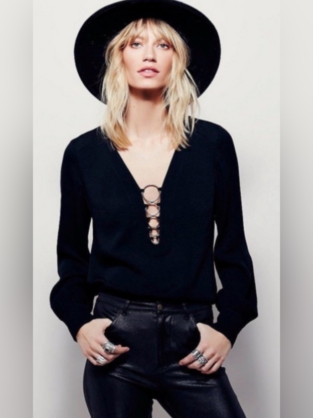 FREE PEOPLE All Over You Deep V Ring Black Long Sleeve Top Blouse Size S